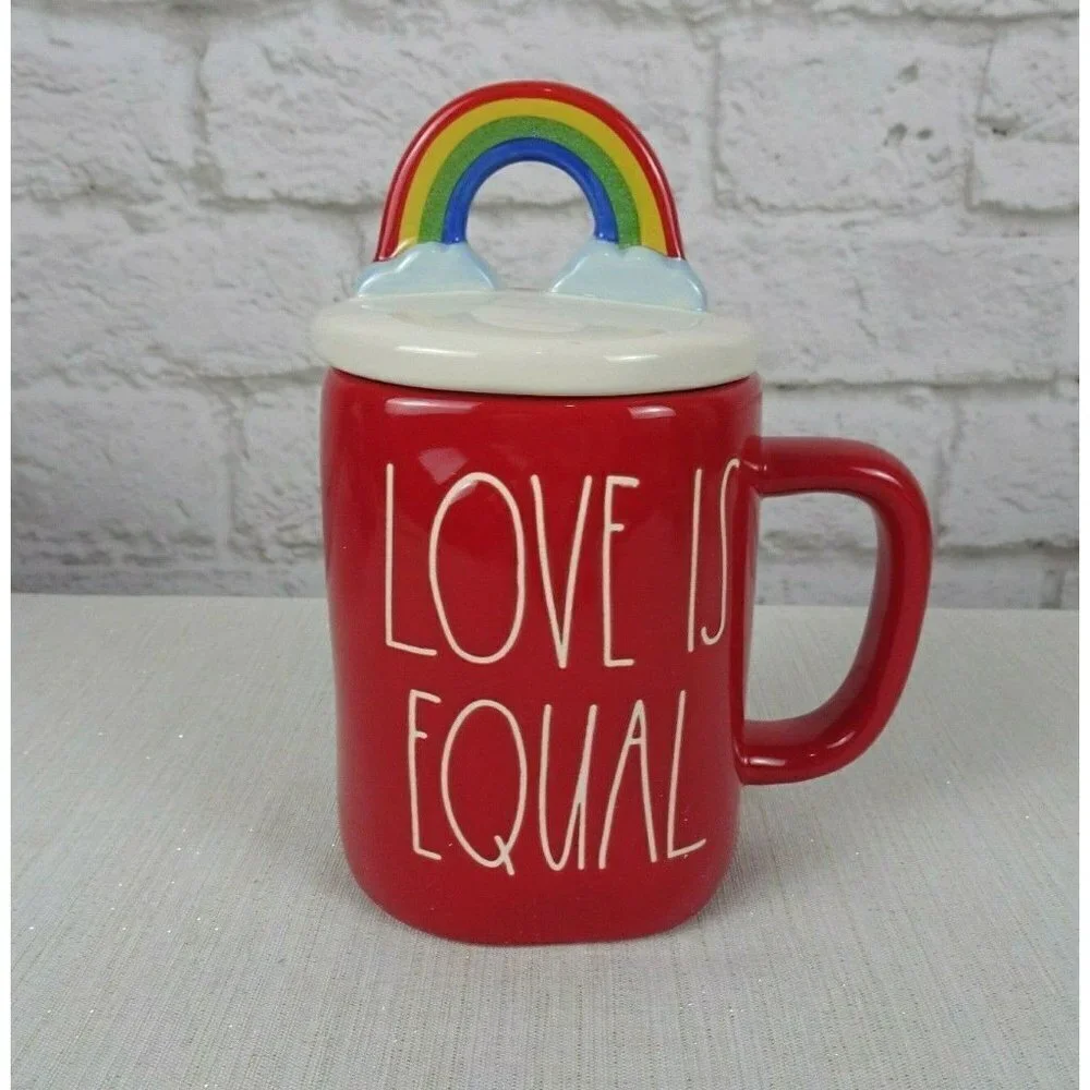 New RAE DUNN Rainbow 🌈 Figural Mug Love Is Equal Red With Lid Pride Home Decor